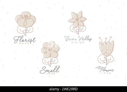 Man with flower labels set drawing in minimalism linear style in beige color on white background Stock Vector