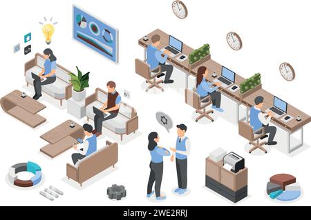 Coworking process. Creative people working in open space. Business development, corporate managers using laptops and smartphones, flawless vector Stock Vector