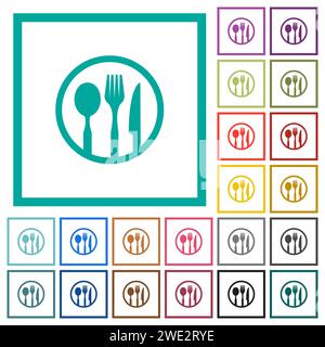 Tableware set outline flat color icons with quadrant frames on white background Stock Vector