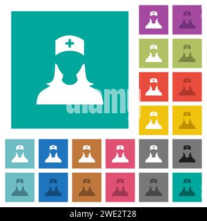 Nurse avatar multi colored flat icons on plain square backgrounds. Included white and darker icon variations for hover or active effects. Stock Vector