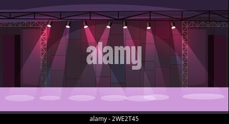 Performance stage. Catwalk for fashion show in spotlights. Empty disco club. Illuminated theater entertainment scene. Light lamps rays. Projector Stock Vector