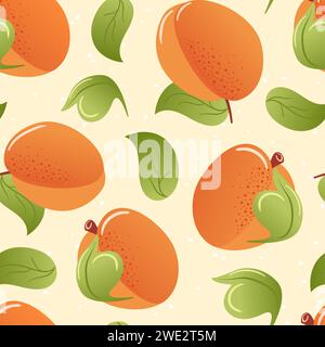 Peach summer seamless pattern in minimalistic style. Tropical exotic fruits, leaves. Healthy food. For menu, cafe, wallpaper, fabric background Stock Vector