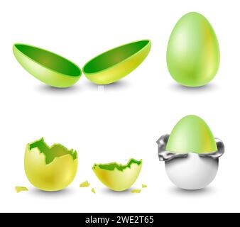 Opened and closed, wrapped and cracked golden egg isolated set Stock Vector