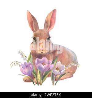 Easter bunny watercolor baby rabbit with spring flowers in pastel colors. Hand painted illustration for happy holidays. Drawing on isolated white back Stock Photo
