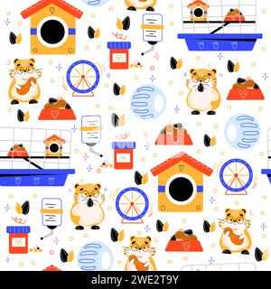 Seamless hamster pattern. Little animals. Pets cage with feeder and drinker. Running wheel. Domestic rodents eat seeds and nuts. Veterinary accessory Stock Vector