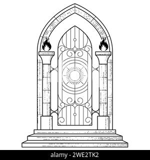 The gates of heaven with torches, portal to paradise, occult gateway of hell arch, vector Stock Vector