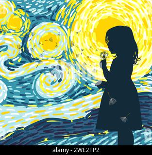 A girl blows a dandelion. hand drawing. Not AI, Vector illustration Stock Vector