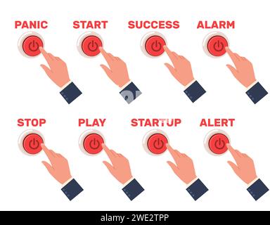 Hands pressing buttons labeled different emotions. Evoke expressions. Panic and stress. Success start. Finger click. Play and stop. Arm gestures Stock Vector
