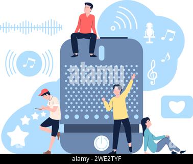 Voice command assistant. Smart speaker at home and work helps people. Young man and woman dance, chatting, dream with digital helper, recent vector Stock Vector