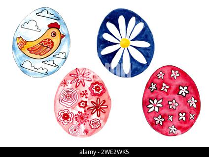 Set of painted Easter eggs. Isolated on white background. Watercolor and black outline. Each egg has different pattern. Stylized bird in the sky. A flower on blue background. Decorative pink flowers. Stock Photo