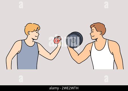 Sports competition between men lifting dumbbells with different weights or fitness mentoring in gym. Professional fitness trainer motivates student to engage in sports or bodybuilding Stock Vector
