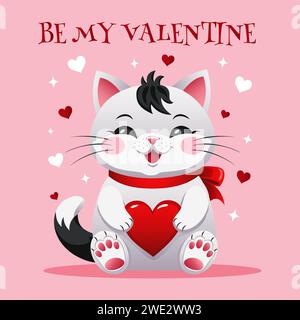 Greeting card with a cat and a heart for Valentines Day. Valentine card with cute animals in cartoon style. Vector illustration. Stock Vector