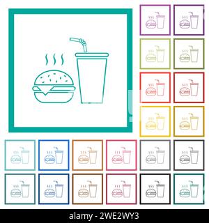 Fast food menu with cheeseburger and drink outline flat color icons with quadrant frames on white background Stock Vector