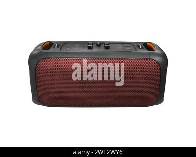 Portable wireless bluetooth speaker isolated on white background. Digital wireless sound speaker isolated. Big portable bluetooth loudspeaker. Stock Photo