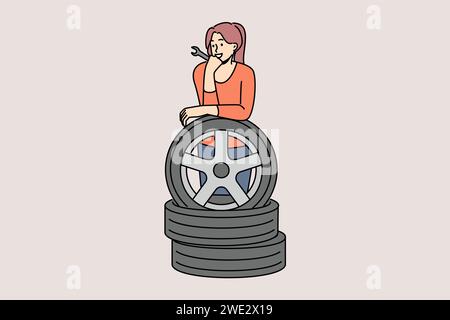 Woman auto mechanic prepares to replace car wheels during vehicle maintenance or repair. Happy girl auto mechanic with wrench in hands leans on tires, rejoicing at possibility replacing them on own Stock Vector