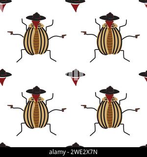 Colorado potato beetle dressed as a bandit from the wild west. Seamless pattern on a white background. Vector. Stock Vector