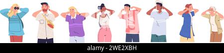 People plugging ears. Annoyed girlfriend and angry man cover ear with hands from loud sound or pain, stressed woman clenching jaws noise sensitive, flat vector illustration of angry person cartoon Stock Vector