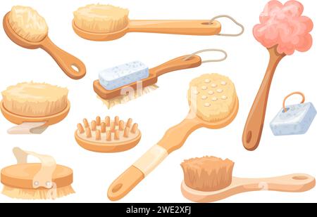 Body scrub brushes. Bodies massage wooden dry brush, shower bath nature accessories skin exfoliate scrubs brushing procedures for legs cellulite, scrubbing neat vector illustration of body massage Stock Vector
