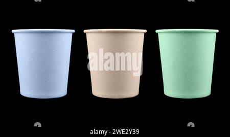 Side view three empty disposable paper fast food cup isolated on black background. Stock Photo