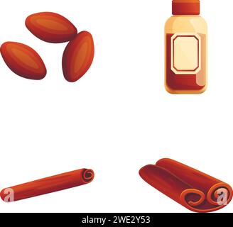 Aromatic spice icons set cartoon vector. Fragrant cocoa bean and cinnamon stick. Spice ingredient, food aroma Stock Vector