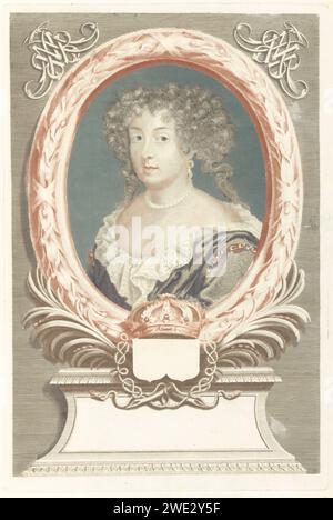 Portret Van Maria Johanna Baptiste Hertogin Van Savoye, Anonymous, After Robert Nanteuil, After Laurent Dufour, 1688 - 1698 print Portrait of Marie-Jeanne-Baptiste, Duchess of Savoy and Nemours. An oval frame with a laurel wreath, a coat of arms and two palm branches, standing on a piercing stable. Left and top right the Hertogin monogram. This print is part of an album. Netherlands paper engraving Stock Photo
