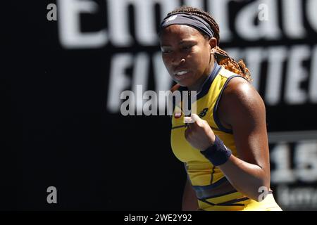 Melbourne, Australia. 23rd Jan, 2024. Coco Gauff (USA) in action during their Quarterfinals singles match against Marta Kostyuk (UKR) during Australian Open, International Tennis match in Melbourne, Australia, January 23 2024 Credit: Independent Photo Agency/Alamy Live News Stock Photo