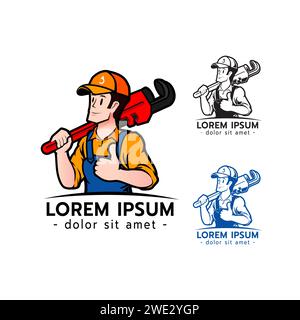 Plumbing services logo vector. Plumber mascot holding a pipe wrench logo on white background vector illustration Stock Vector