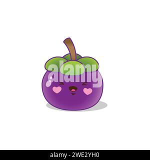 Cute funny mangosteen fruit character. Vector hand drawn cartoon kawaii character illustration icon.Isolated on white background. Happy mangosteen cha Stock Vector