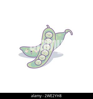 Cute funny green peas vegetable cartoon kawaii style, green peas vegetable mascots on white background vector illustration Stock Vector