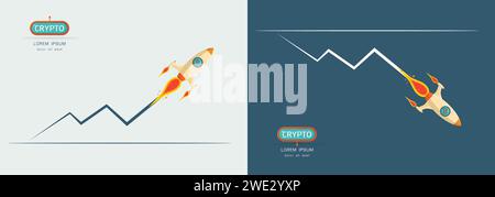 Bitcoin digital currency sign with rocket up and down on graph concept vector illustration Stock Vector