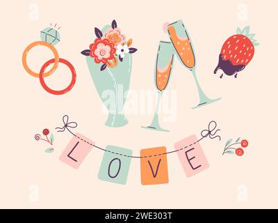 Valentines day card. Champagne glasses, floral bouquet, strawberries and wedding rings. Flat style. Cartoon vector illustration Stock Vector