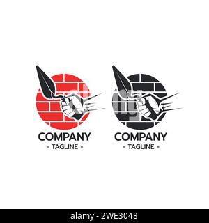 Bricklayer Logo with Hand Holding Trowel Construction Building Concrete Cement concept on white background Vector illustration Stock Vector