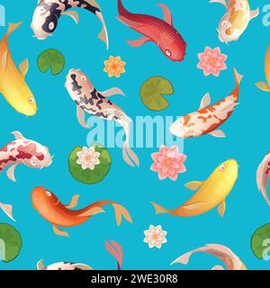 Fish pattern. Asian top view seamless background with exotic fishes exact vector picture for textile design projects Stock Vector
