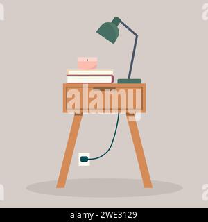 modern wooden bedside table with books, lamp and candle - vector illustration Stock Vector