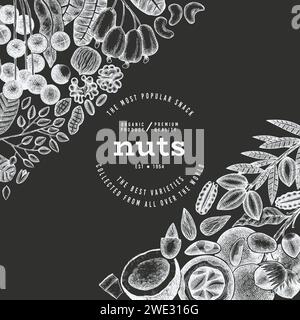 Hand Drawn Nuts Branch And Kernels  Template. Organic Seed Vector Design. Retro Chalk Board Nut Illustration. Stock Vector