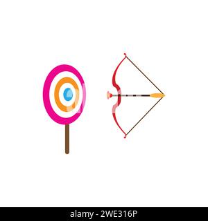 Cute funny Archery Sport, Bow and Arrow Pointing at Target cartoon kawaii character icon isolated on white background vector illustration Stock Vector