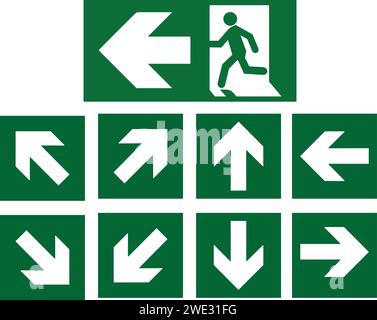 Arrow exit indication sign, indication sign, emergency fire exits, set of emergency and fire exit indicators Stock Vector