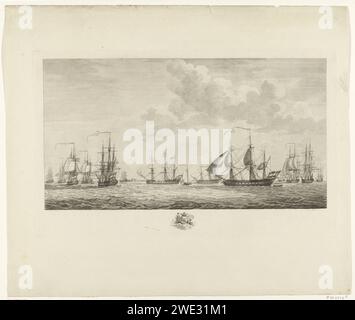 Dutch war fleet for Rammekens, 1782-1783, Mathias de Sallieth, after Engel Hoogerheyden, 1783 print View of the ships of the Dutch war fleet under the command of Schout-by-Nacht Jan van Kruyne, are on the speech of Fort Rammekens in Zeeland, 1782-1783. In the margin the weapon of Zeeland. Northern Netherlands paper etching / engraving warfare; military affairs (+ sailing-ships). Fourth Anglo-Dutch War Fort Rammekens. Scales Stock Photo