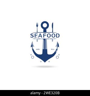 Anchor, fork and knife vector logo design template (icon, sign, symbol). Suitable for seafood restaurant or bar, coastal kitchen brand on white backgr Stock Vector