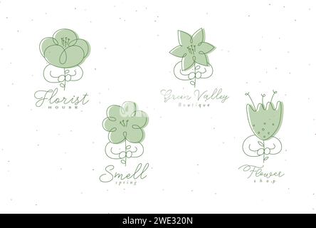 Man with flower labels set drawing in minimalism linear style on beige background Stock Vector