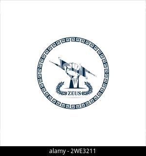 Logo template Fist hand holding  thunder isolate with olive branch with thunder symbol of greek god zeus on white background Vector illustration Stock Vector