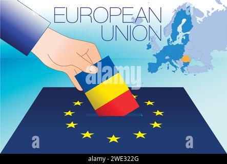 European Union, voting box, European parliament elections, Romania flag and map, vector illustration Stock Vector