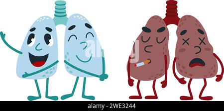 Cute lungs characters. Healthy unhealthy internal organs. Funny cartoon lung happy and ill. Medical poster elements, harm of smoking classy vector Stock Vector