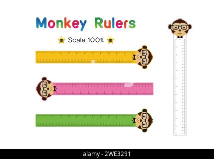 Monkey Head of Rulers Inch and metric rulers. Scale for a ruler in inches and centimeters. Centimeters and inches measuring scale cm metrics indicator Stock Vector
