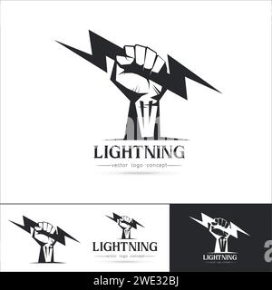 Set of Logo template Fist hand holding  thunder bolt. Zeus and power concept isolated on white background vector illustration Stock Vector