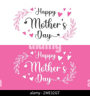 Happy Mothers Day lettering. Stylized image of Mother's day greeting card with heart in elegant floral frame Card for mom on white and pink background Stock Vector