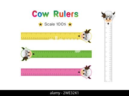 Cow Head of Rulers Inch and metric rulers. Scale for a ruler in inches and centimeters. Centimeters and inches measuring scale cm metrics indicator. I Stock Vector