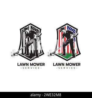 Lawn mower service logo icon isolated with america flag,Lawn mowing cutting grass,Gardener service logo icon isolated on white background vector illus Stock Vector