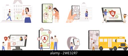 Children safety security, gps tracker with geolocation and smartwatch. Internet parental control, security technologies for children. Snugly vector Stock Vector
