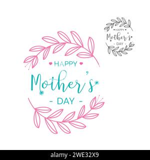 Happy Mothers Day lettering. Stylized image of Mother's day greeting card with heart in elegant floral frame Card for mom on white and pink background Stock Vector